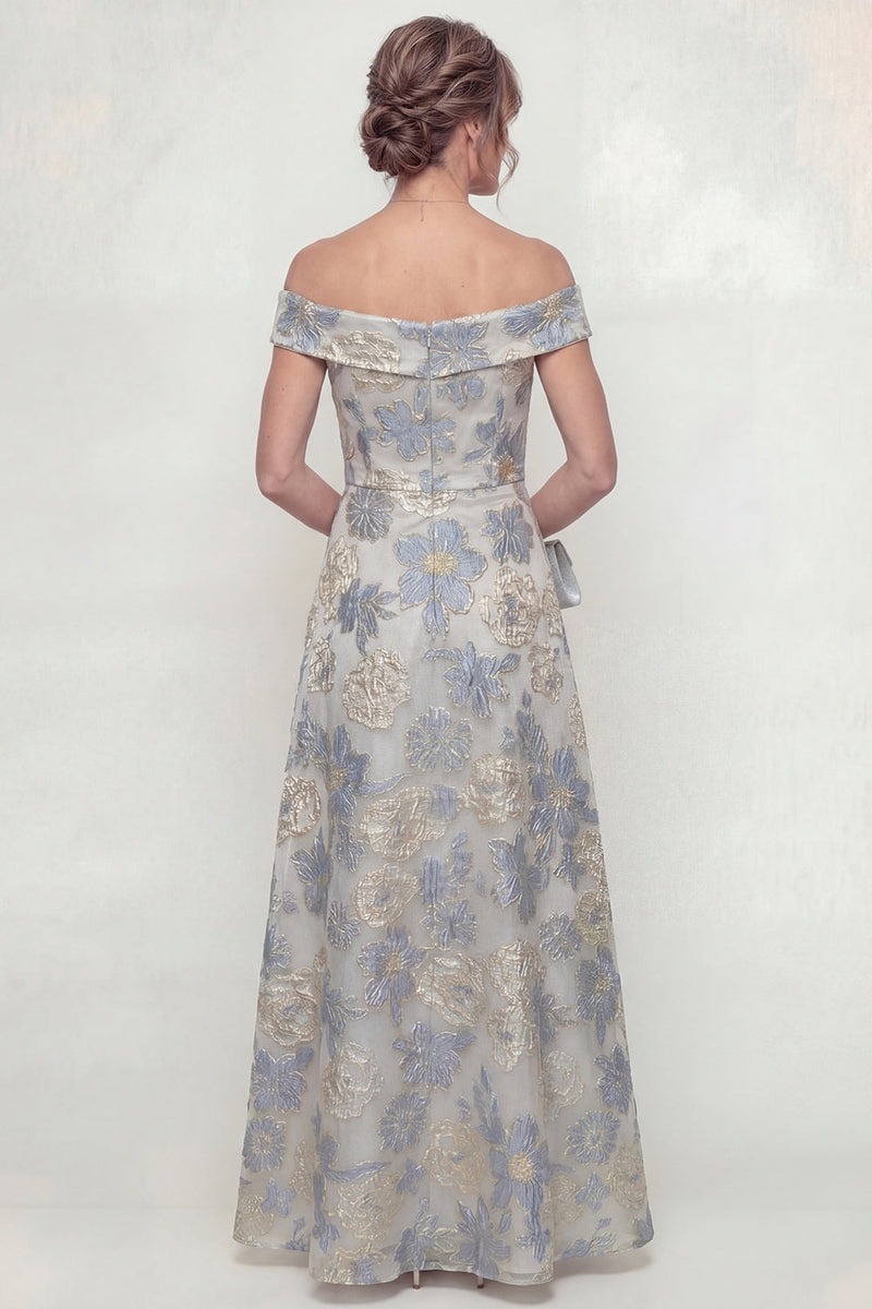 Load image into Gallery viewer, Dusty Blue Floral Off the Shoulder A Line Long Evening Dress