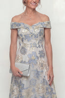 Load image into Gallery viewer, Dusty Blue Floral Off the Shoulder A Line Long Evening Dress