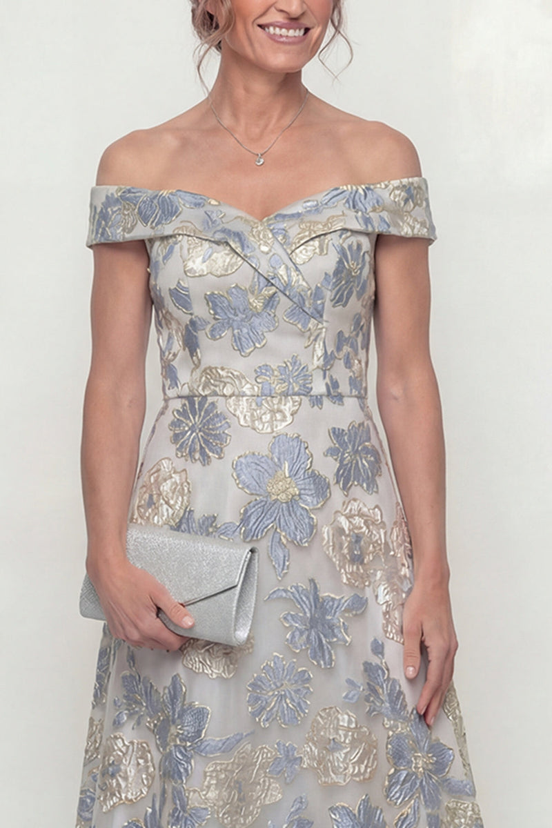 Load image into Gallery viewer, Dusty Blue Floral Off the Shoulder A Line Long Evening Dress