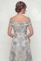 Load image into Gallery viewer, Dusty Blue Floral Off the Shoulder A Line Long Evening Dress