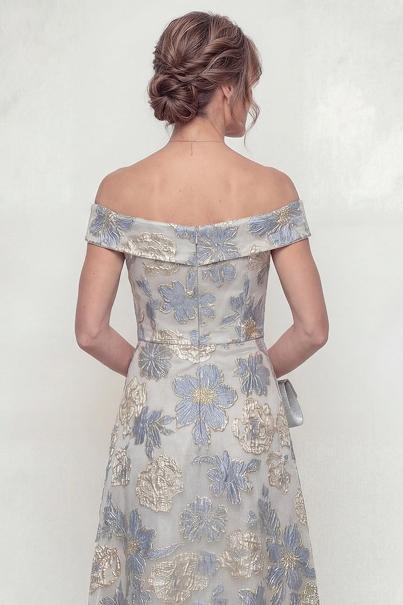 Load image into Gallery viewer, Dusty Blue Floral Off the Shoulder A Line Long Evening Dress