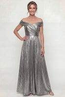 Load image into Gallery viewer, Grey Silver Off the Shoulder Long A Line Evening Dress