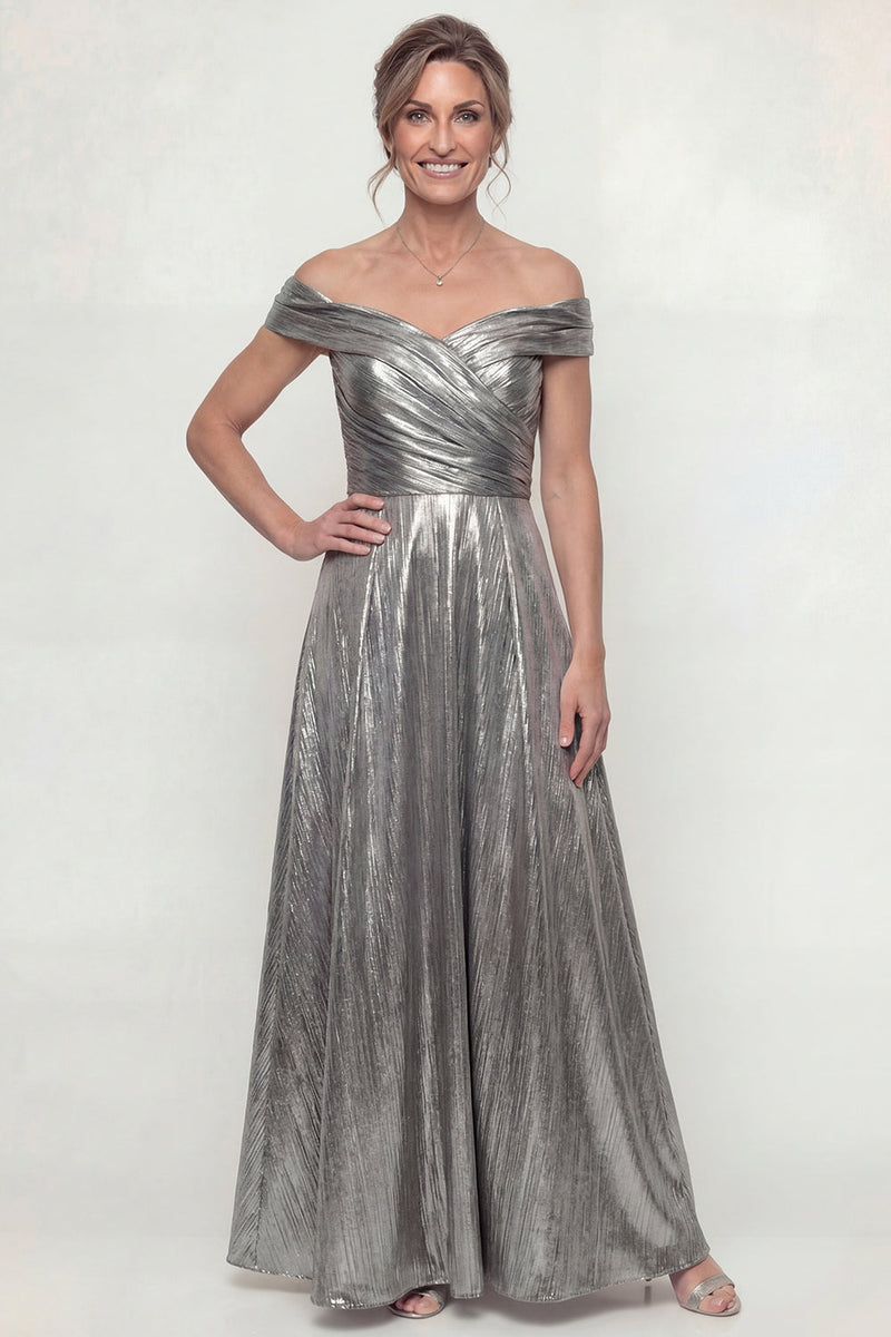Load image into Gallery viewer, Grey Silver Off the Shoulder Long A Line Evening Dress
