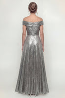 Load image into Gallery viewer, Grey Silver Off the Shoulder Long A Line Evening Dress