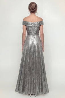 Grey Silver Off the Shoulder Long A Line Evening Dress