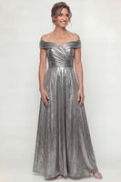 Load image into Gallery viewer, Grey Silver Off the Shoulder Long A Line Evening Dress