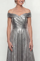 Load image into Gallery viewer, Grey Silver Off the Shoulder Long A Line Evening Dress