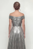 Load image into Gallery viewer, Grey Silver Off the Shoulder Long A Line Evening Dress