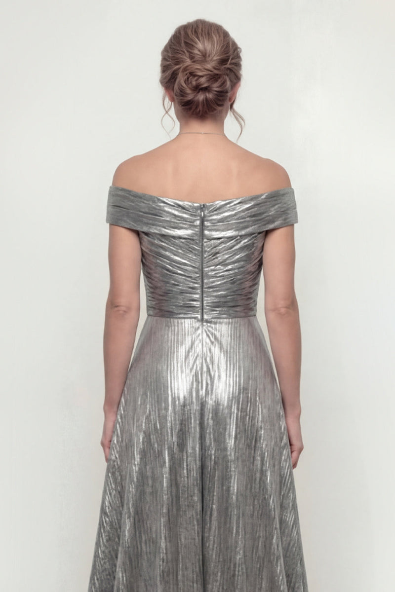 Load image into Gallery viewer, Grey Silver Off the Shoulder Long A Line Evening Dress