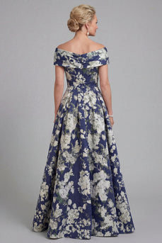 Navy Long Floral A Line Evening Dress with Pockets