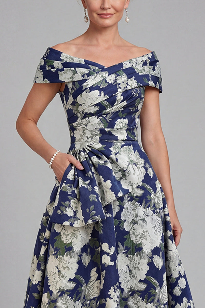 Load image into Gallery viewer, Navy Long Floral A Line Evening Dress with Pockets