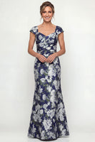 Load image into Gallery viewer, Navy Floral Mermaid Long Cap Sleeves Evening Dress