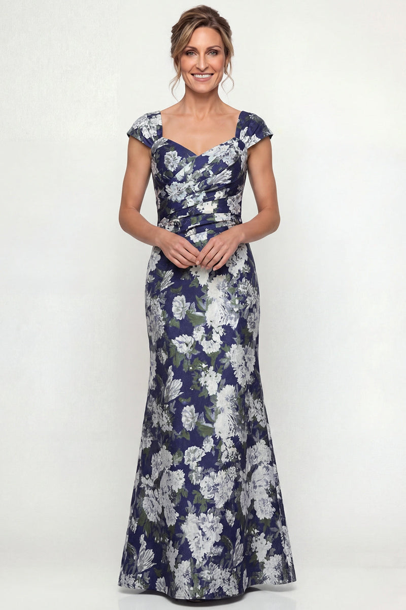 Load image into Gallery viewer, Navy Floral Mermaid Long Cap Sleeves Evening Dress