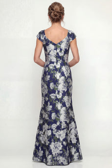 Navy Floral Mermaid Long Cap Sleeves Evening Dress