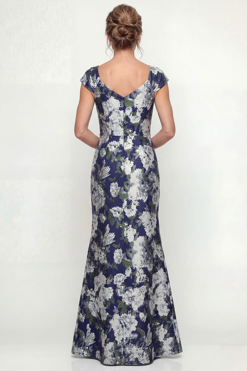 Load image into Gallery viewer, Navy Floral Mermaid Long Cap Sleeves Evening Dress