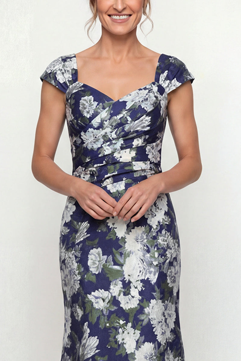 Load image into Gallery viewer, Navy Floral Mermaid Long Cap Sleeves Evening Dress
