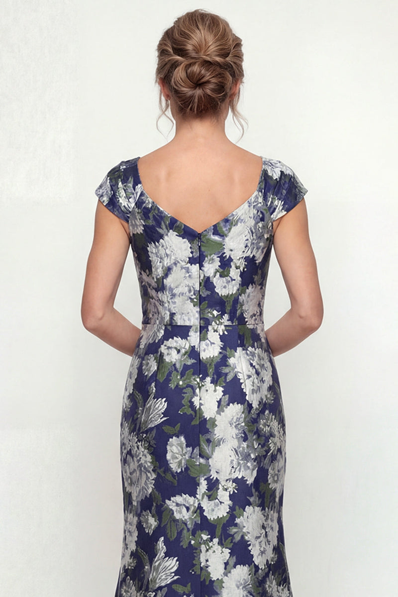 Load image into Gallery viewer, Navy Floral Mermaid Long Cap Sleeves Evening Dress