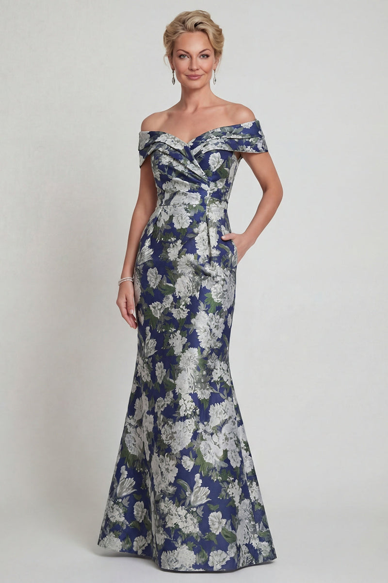 Load image into Gallery viewer, Navy Floral Off the Shoulder Mermaid Long Evening Dress