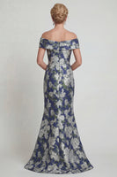 Load image into Gallery viewer, Navy Floral Off the Shoulder Mermaid Long Evening Dress