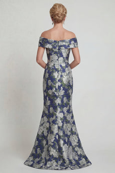 Navy Floral Off the Shoulder Mermaid Long Evening Dress