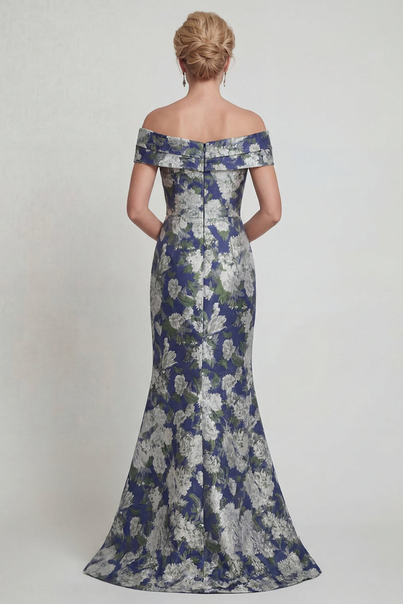 Load image into Gallery viewer, Navy Floral Off the Shoulder Mermaid Long Evening Dress