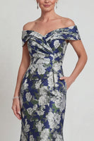 Load image into Gallery viewer, Navy Floral Off the Shoulder Mermaid Long Evening Dress