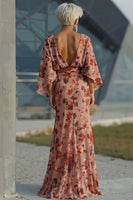 Load image into Gallery viewer, Dusty Rose Floral Boat Neck Long Mother of the Bride Dress with Pockets