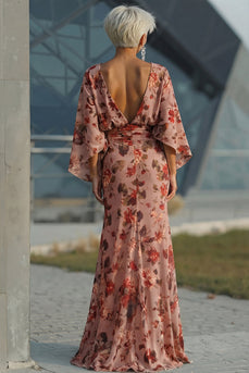 Dusty Rose Floral Boat Neck Long Mother of the Bride Dress with Pockets