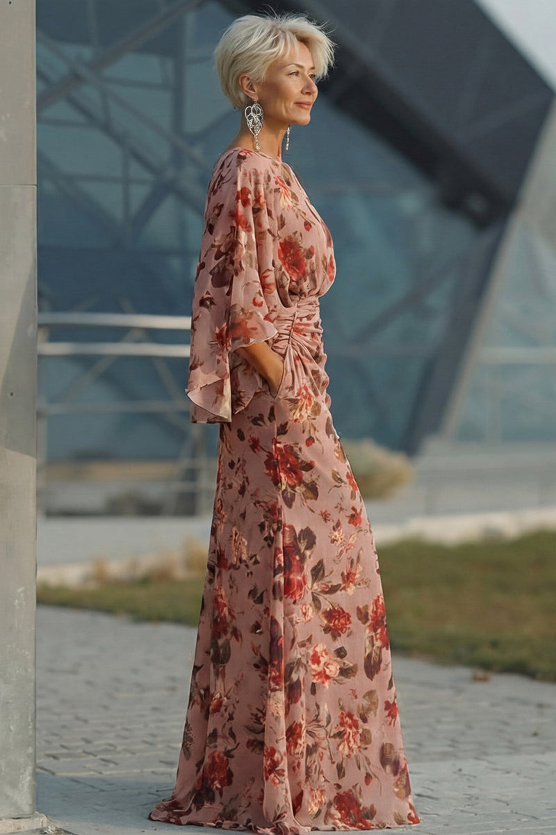 Load image into Gallery viewer, Dusty Rose Floral Boat Neck Long Mother of the Bride Dress with Pockets