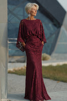 Load image into Gallery viewer, Burgundy Floral Sheath Boat Neck Lace Long Mother of the Bride Dress with Pockets
