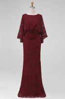 Load image into Gallery viewer, Burgundy Floral Sheath Boat Neck Lace Long Mother of the Bride Dress with Pockets