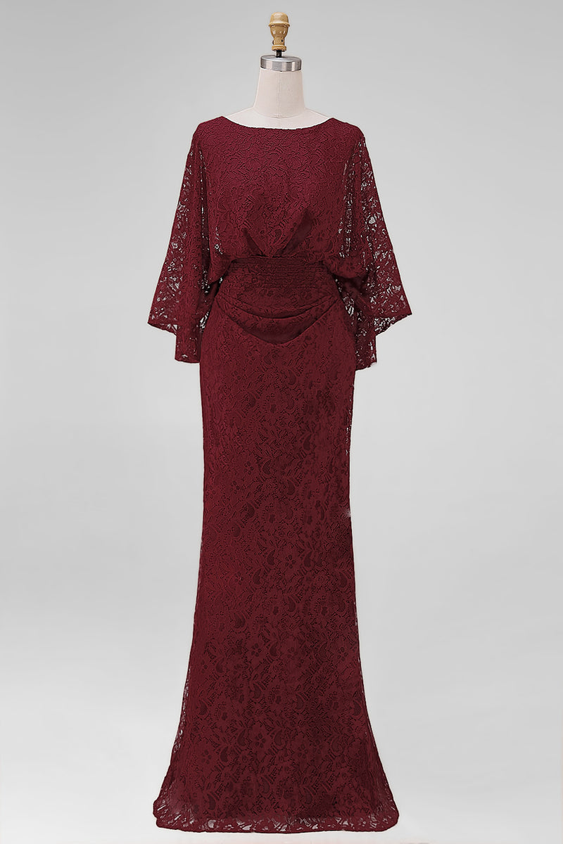 Load image into Gallery viewer, Burgundy Floral Sheath Boat Neck Lace Long Mother of the Bride Dress with Pockets