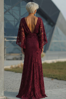 Burgundy Floral Sheath Boat Neck Lace Long Mother of the Bride Dress with Pockets