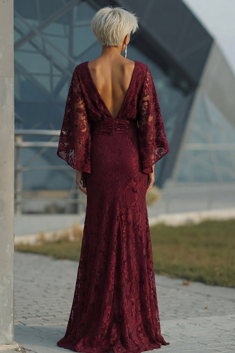 Load image into Gallery viewer, Burgundy Floral Sheath Boat Neck Lace Long Mother of the Bride Dress with Pockets