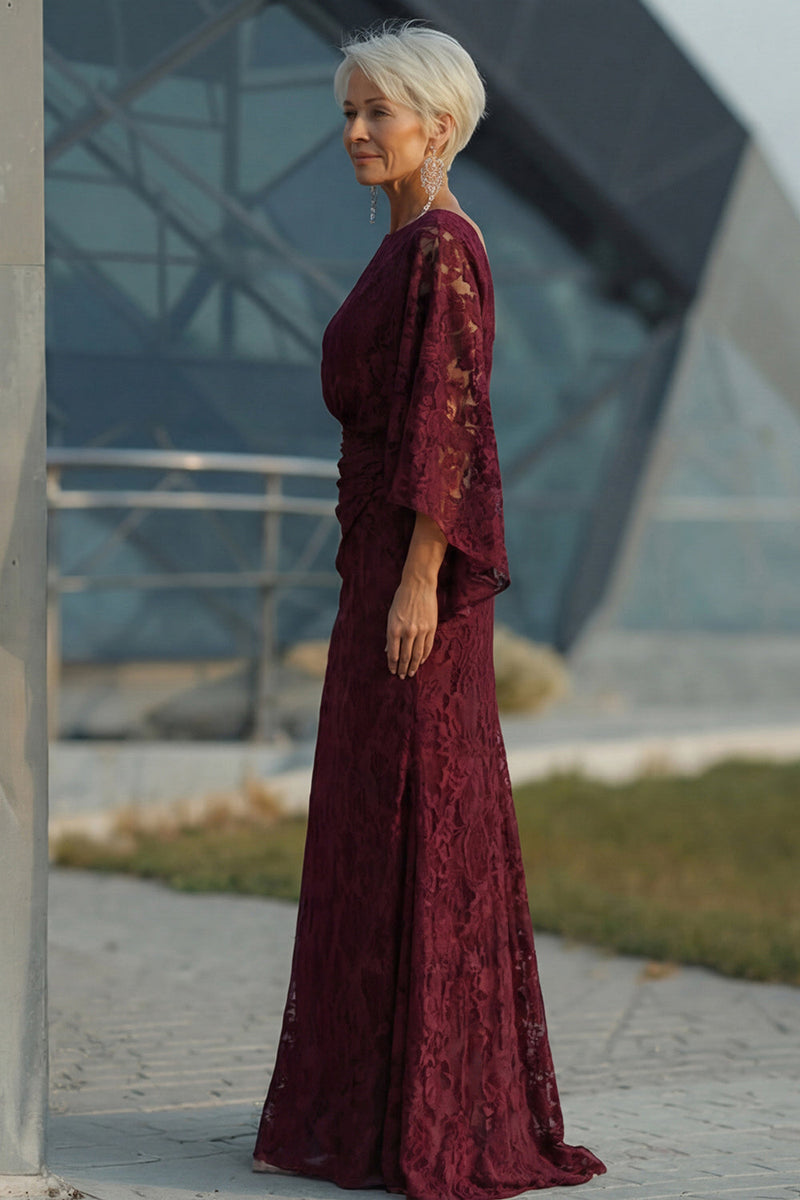 Load image into Gallery viewer, Burgundy Floral Sheath Boat Neck Lace Long Mother of the Bride Dress with Pockets