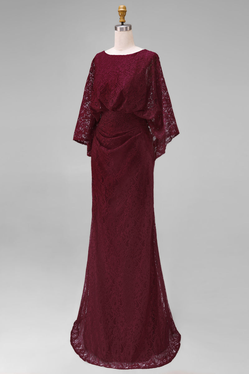 Load image into Gallery viewer, Burgundy Floral Sheath Boat Neck Lace Long Mother of the Bride Dress with Pockets