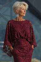 Load image into Gallery viewer, Burgundy Floral Sheath Boat Neck Lace Long Mother of the Bride Dress with Pockets