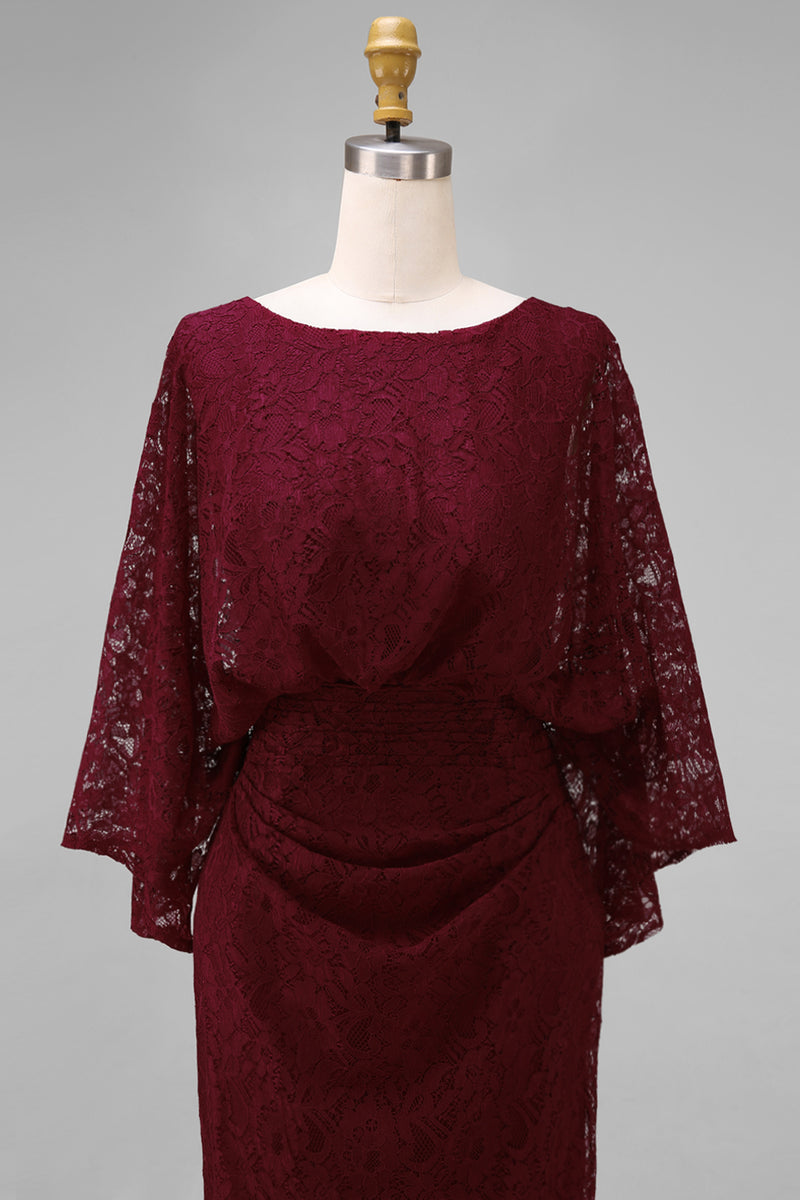 Load image into Gallery viewer, Burgundy Floral Sheath Boat Neck Lace Long Mother of the Bride Dress with Pockets