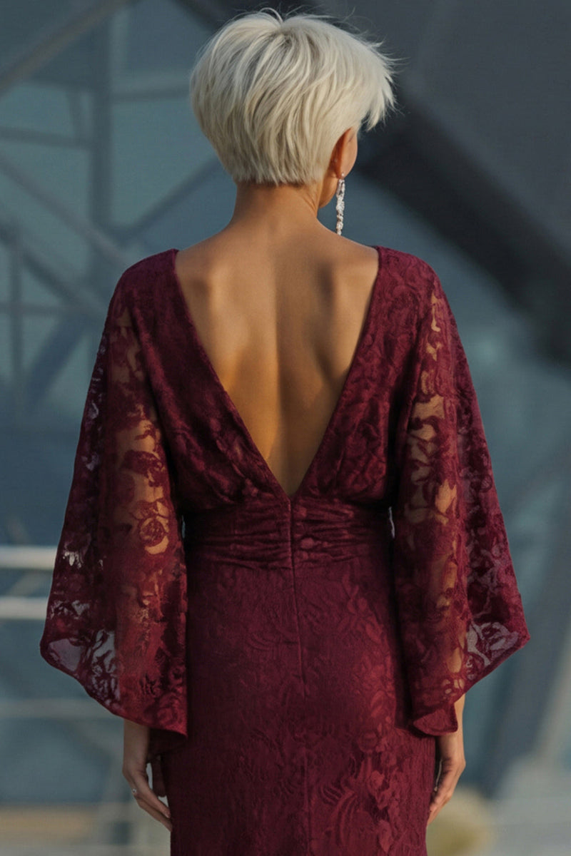 Load image into Gallery viewer, Burgundy Floral Sheath Boat Neck Lace Long Mother of the Bride Dress with Pockets