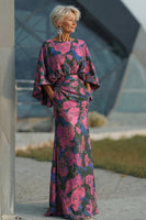Load image into Gallery viewer, Floral Fuchsia Sheath Long Ruched Mother of the Bride Dress with Sleeves