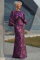 Load image into Gallery viewer, Floral Fuchsia Sheath Long Ruched Mother of the Bride Dress with Sleeves