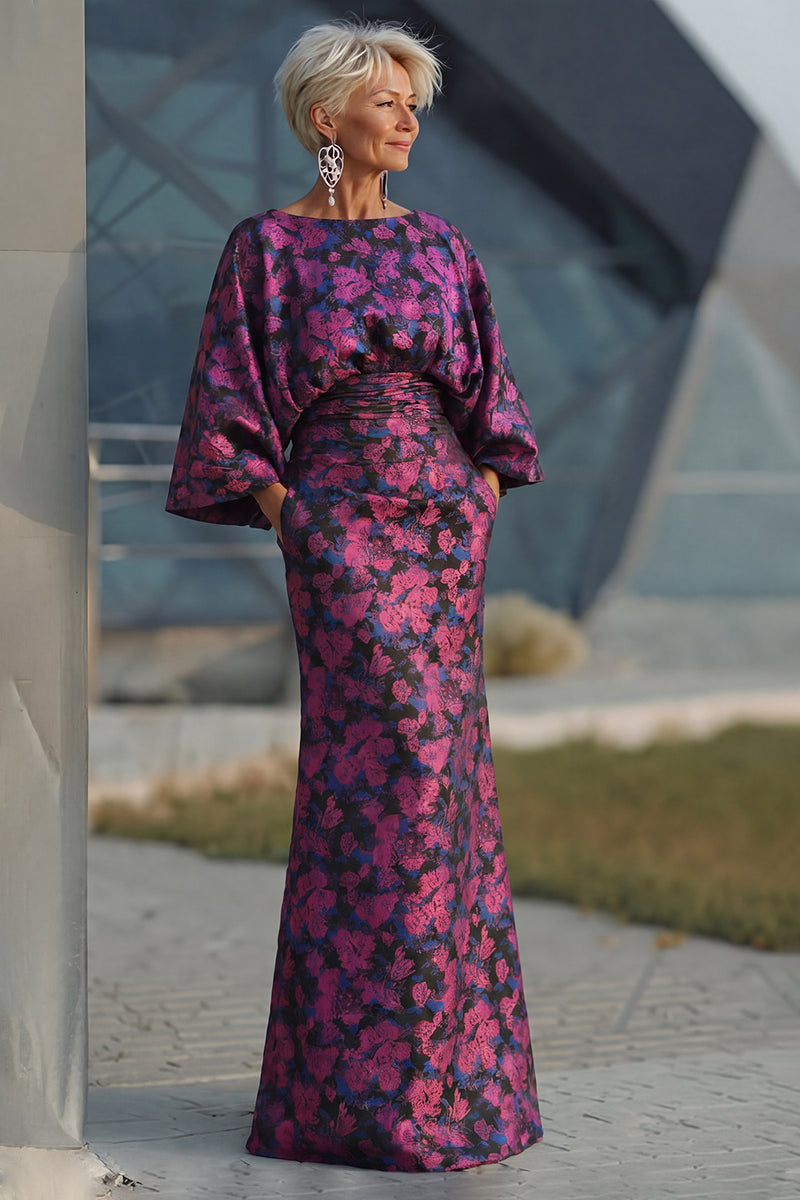 Load image into Gallery viewer, Floral Fuchsia Sheath Long Ruched Mother of the Bride Dress with Sleeves