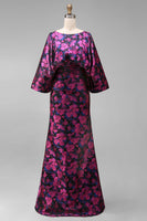 Load image into Gallery viewer, Floral Fuchsia Sheath Long Ruched Mother of the Bride Dress with Sleeves