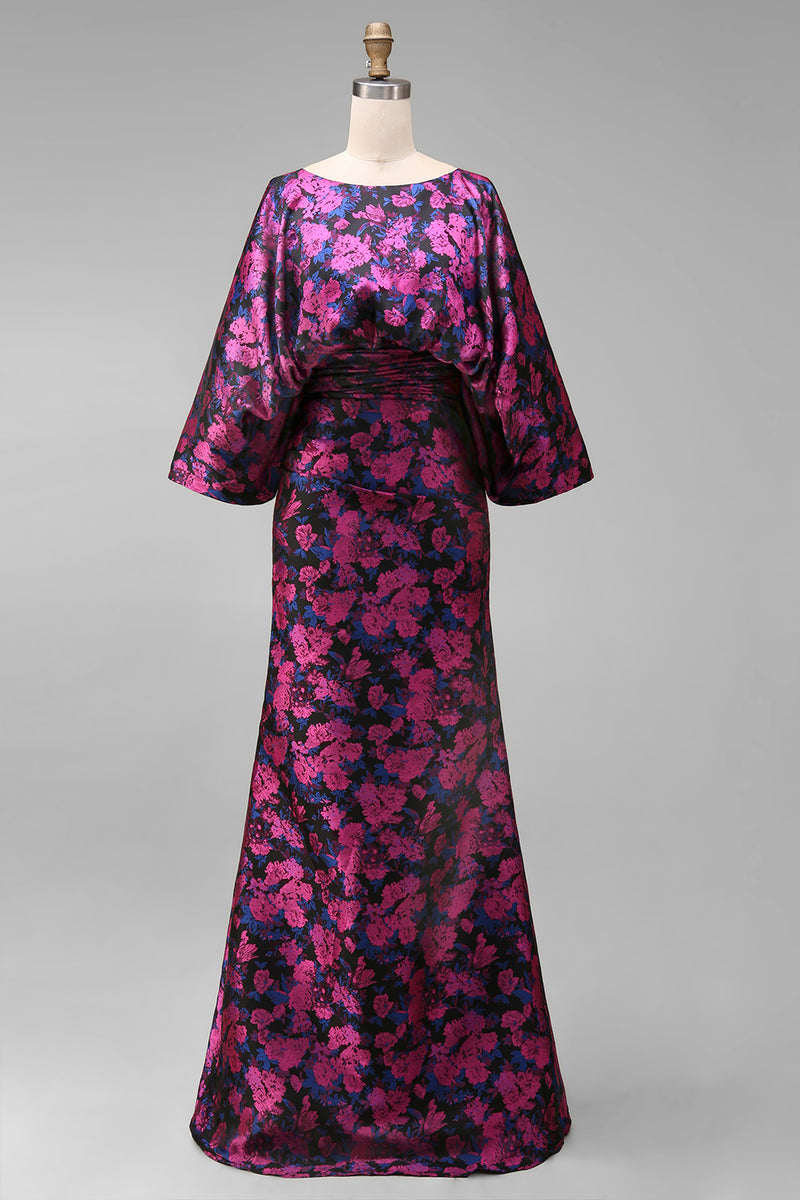 Load image into Gallery viewer, Floral Fuchsia Sheath Long Ruched Mother of the Bride Dress with Sleeves