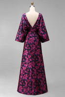 Load image into Gallery viewer, Floral Fuchsia Sheath Long Ruched Mother of the Bride Dress with Sleeves