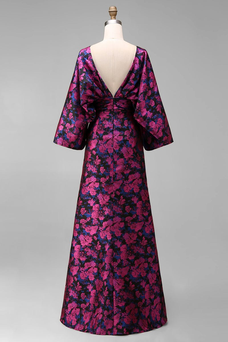 Load image into Gallery viewer, Floral Fuchsia Sheath Long Ruched Mother of the Bride Dress with Sleeves