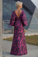 Load image into Gallery viewer, Floral Fuchsia Sheath Long Ruched Mother of the Bride Dress with Sleeves