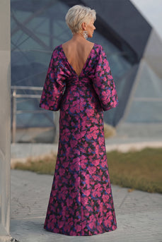 Floral Fuchsia Sheath Long Ruched Mother of the Bride Dress with Sleeves