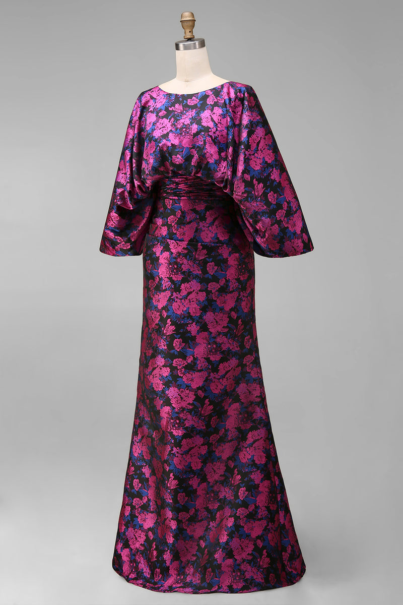 Load image into Gallery viewer, Floral Fuchsia Sheath Long Ruched Mother of the Bride Dress with Sleeves