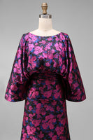 Load image into Gallery viewer, Floral Fuchsia Sheath Long Ruched Mother of the Bride Dress with Sleeves